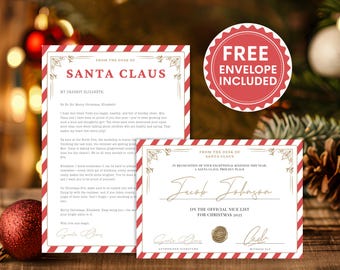 May include: A festive Christmas set including a letter from Santa Claus and a Nice List certificate. Both have red and white striped borders and gold detailing. The certificate is signed and dated 2025. A red seal reads "Free Envelope Included."