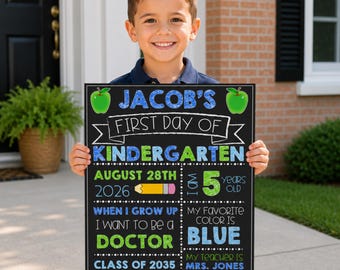 Editable Blue First Day of School Chalkboard Sign, Reusable First Day of School Sign, Boy Back to School Interview, DIY School Picture Prop