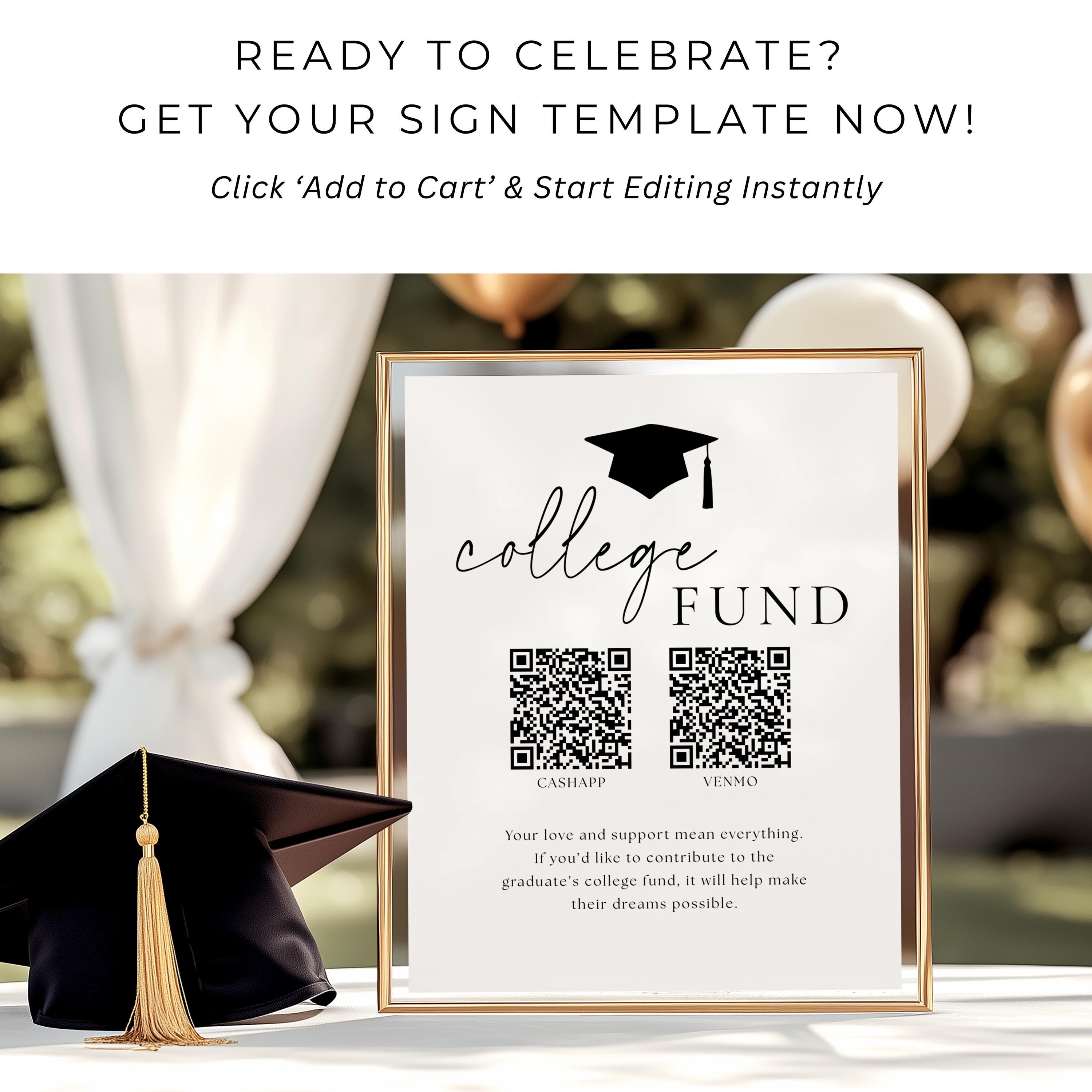 Graduation Cap Code College Fund QR Code Graduation Sign Template Editable Grad Party Venmo ...