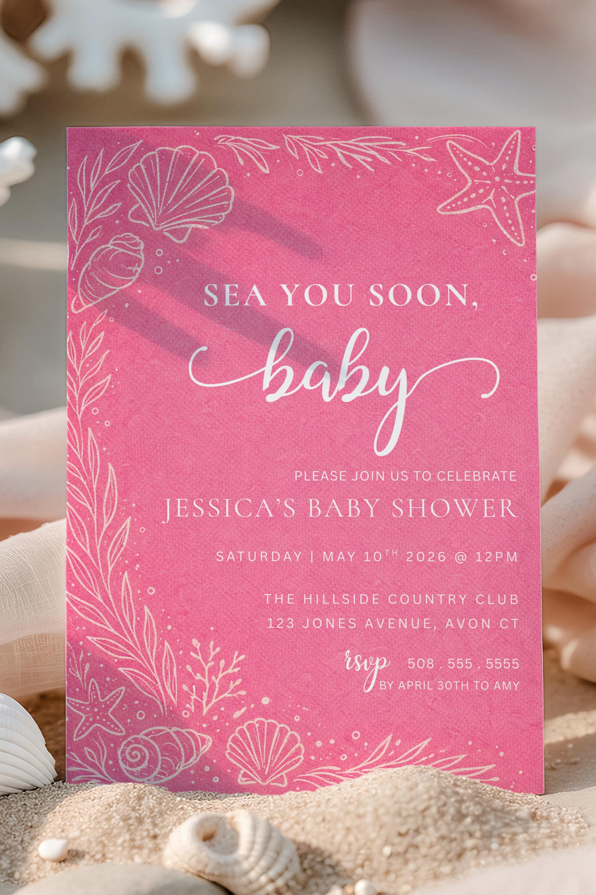 Editable Sea You Soon Baby Shower Invitation Girl Pink Beach Baby ...