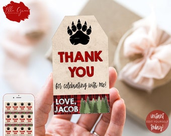 Editable Lumberjack Favor Tags, Wild One Boy Thank You Tags, Gift Tags, Rustic Bear Buffalo Plaid Printable Template Download,First Birthday