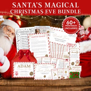 May include: A festive Christmas Eve bundle with over 60 printables. The image features a Santa Claus graphic, a checklist, letters, a sleigh license, and a red gift box with a bow. Includes a bag of magical reindeer food.