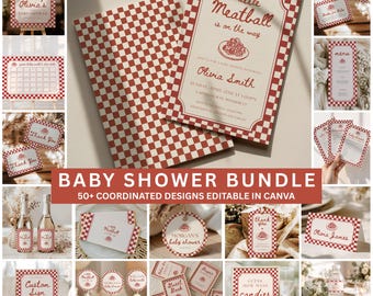May include: A baby shower stationery bundle featuring a red and white checkered pattern. The designs include invitations, signs, tags, and labels with text such as a little Meatball is on the way, Olivia Smith, and thank you, all editable in Canva.
