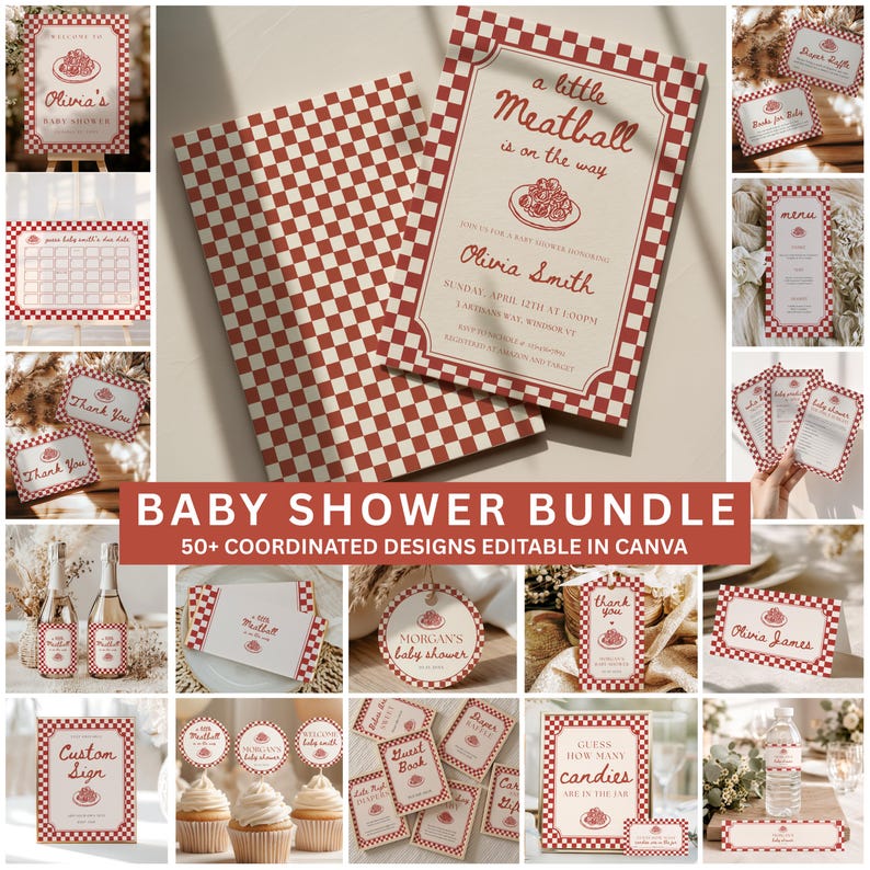 May include: A baby shower stationery bundle featuring a red and white checkered pattern. The designs include invitations, signs, tags, and labels with text such as a little Meatball is on the way, Olivia Smith, and thank you, all editable in Canva.