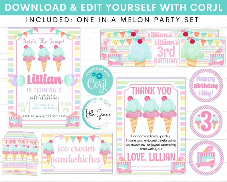 Editable Ice Cream Party Package Ice Cream Party Decorations Birthday Invitations Girl Invites Template Digital Instant