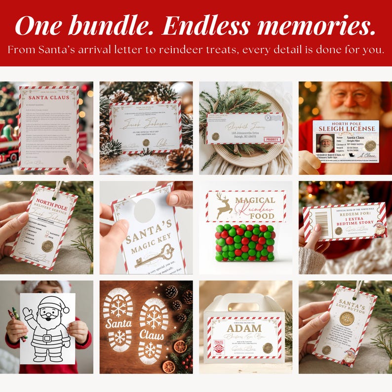 Digital bundle includes Santa letters, magic key tags, reindeer food labels, and a sleigh license for festive fun at home