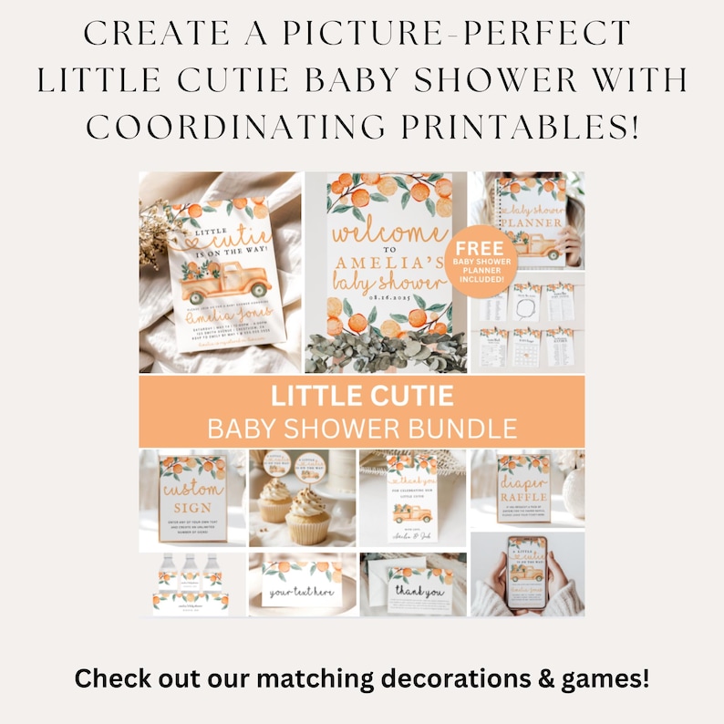 Op de afbeelding: Een set met printbare baby shower-artikelen in een oranje en groene kleurstelling. De set bevat een welkomstbord, een luierspelkaart, een aangepast bord, een bedankkaart, waterfleslabels, cupcaketoppers en een baby shower-planner. De tekst op het welkomstbord luidt "Welkom op Amelia's Baby Shower".
