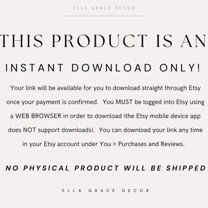 Może przedstawiać: Tekst na białym tle, kt&oacute;ry brzmi: "THIS PRODUCT IS AN INSTANT DOWNLOAD ONLY!" Twoje łącze będzie dostępne do pobrania bezpośrednio przez Etsy po potwierdzeniu płatności. MUSISZ być zalogowany na Etsy za pomocą przeglądarki internetowej, aby pobrać plik (aplikacja mobilna Etsy NIE obsługuje pobierania). Możesz pobrać swoje łącze w dowolnym momencie na swoim koncie Etsy w sekcji Ty > Zakupy i recenzje. ŻADEN PRODUKT FIZYCZNY NIE ZOSTANIE WYSŁANY"