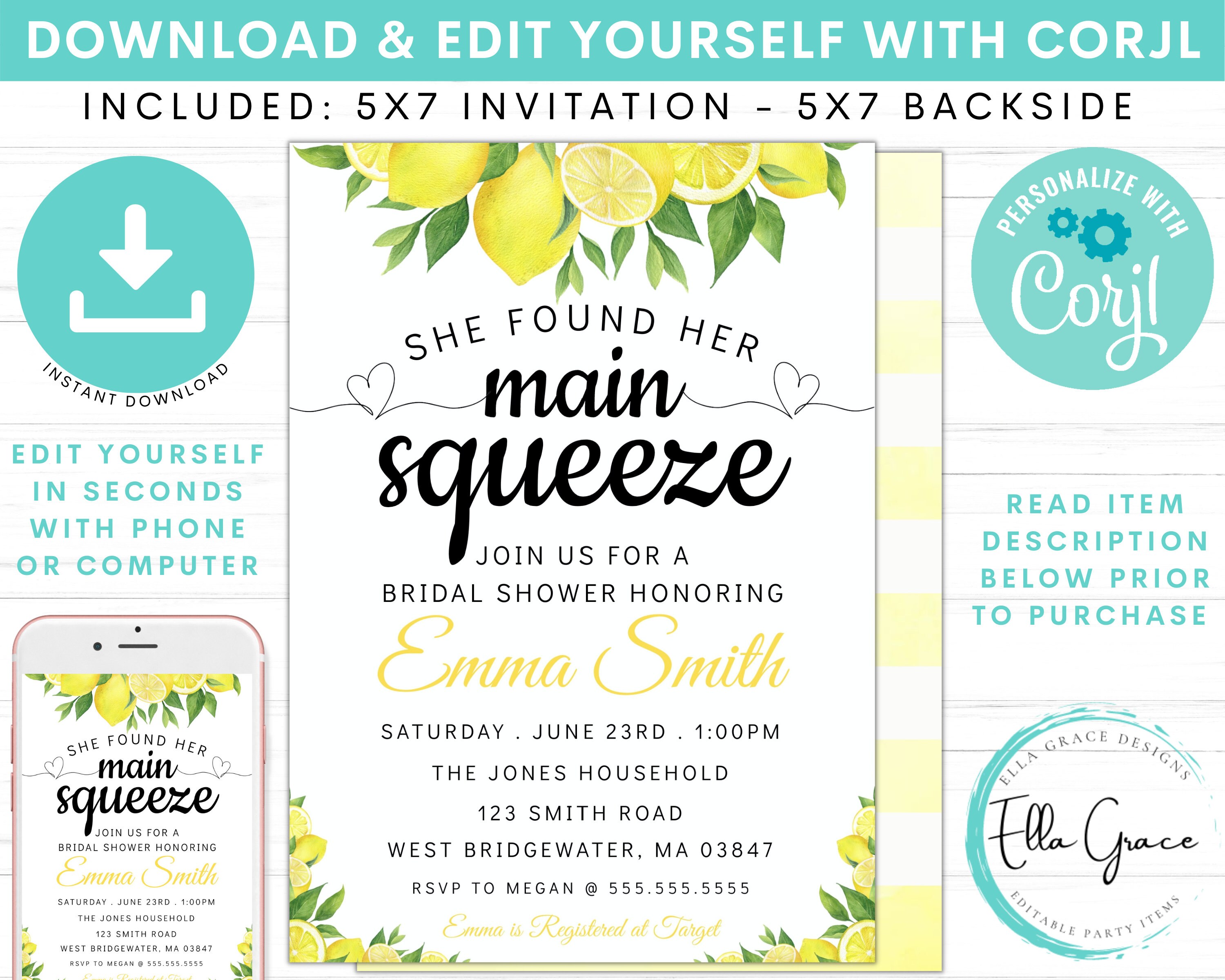 Editable She Found Her Main Squeeze Bridal Shower Invitation Lemon Citrus Watercolor Invite Summer Printable Template Instant