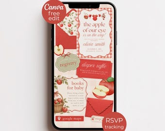 May include: A smartphone screen displaying a digital baby shower invitation template with an apple theme. The design features red apples, a basket, and text including 'the apple of our eye is on the way!', 'registry', 'diaper raffle', and 'books for baby'.