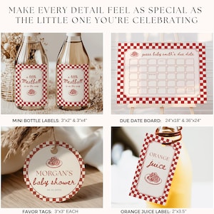 May include: A collection of baby shower party supplies featuring a red and white checkered pattern. Includes mini bottle labels, a due date board, round favor tags, and an orange juice label, all decorated with a small meatball illustration.