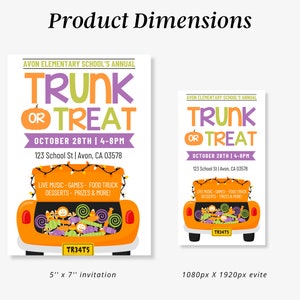 Może przedstawiać: Drukowane zaproszenie na imprezę Trunk or Treat. Zaproszenie przedstawia kresk&oacute;wkowy samoch&oacute;d z bagażnikiem pełnym słodyczy i tekstem "Trunk or Treat" w fioletowych, pomarańczowych i zielonych literach. Impreza odbędzie się 28 października w godzinach 16:00-20:00 przy 123 School St w Avon, CA 03578. Zaproszenie zawiera r&oacute;wnież informacje o muzyce na żywo, grach, food trucku, deserach, nagrodach i nie tylko. Zaproszenie jest dostępne w dw&oacute;ch rozmiarach: 5" x 7" do wydruku i 1080px x 1920px do e-zaproszenia.