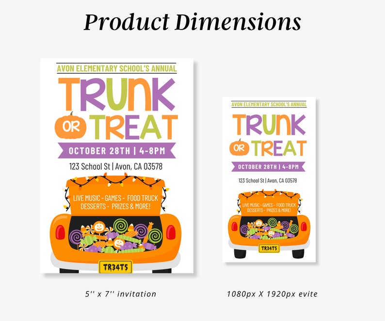 Może przedstawiać: Drukowane zaproszenie na imprezę Trunk or Treat. Zaproszenie przedstawia kresk&oacute;wkowy samoch&oacute;d z bagażnikiem pełnym słodyczy i tekstem "Trunk or Treat" w fioletowych, pomarańczowych i zielonych literach. Impreza odbędzie się 28 października w godzinach 16:00-20:00 przy 123 School St w Avon, CA 03578. Zaproszenie zawiera r&oacute;wnież informacje o muzyce na żywo, grach, food trucku, deserach, nagrodach i nie tylko. Zaproszenie jest dostępne w dw&oacute;ch rozmiarach: 5" x 7" do wydruku i 1080px x 1920px do e-zaproszenia.