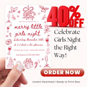 Elegant printable invite for a girls Christmas gathering, suitable for wine bars or at-home events.