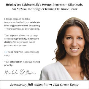 May include: A portrait of a woman with long brown hair wearing a white top, accompanied by text that reads: Helping You Celebrate Life's Sweetest Moments &mdash; Effortlessly. I'm Nichole, the designer behind Ella Grace Decor. Browse my full collection.