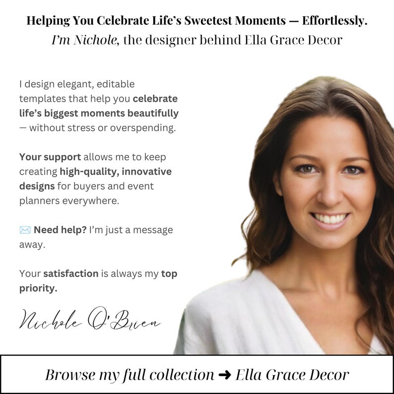 May include: A portrait of a woman with long brown hair wearing a white top, accompanied by text that reads: Helping You Celebrate Life's Sweetest Moments &mdash; Effortlessly. I'm Nichole, the designer behind Ella Grace Decor. Browse my full collection.