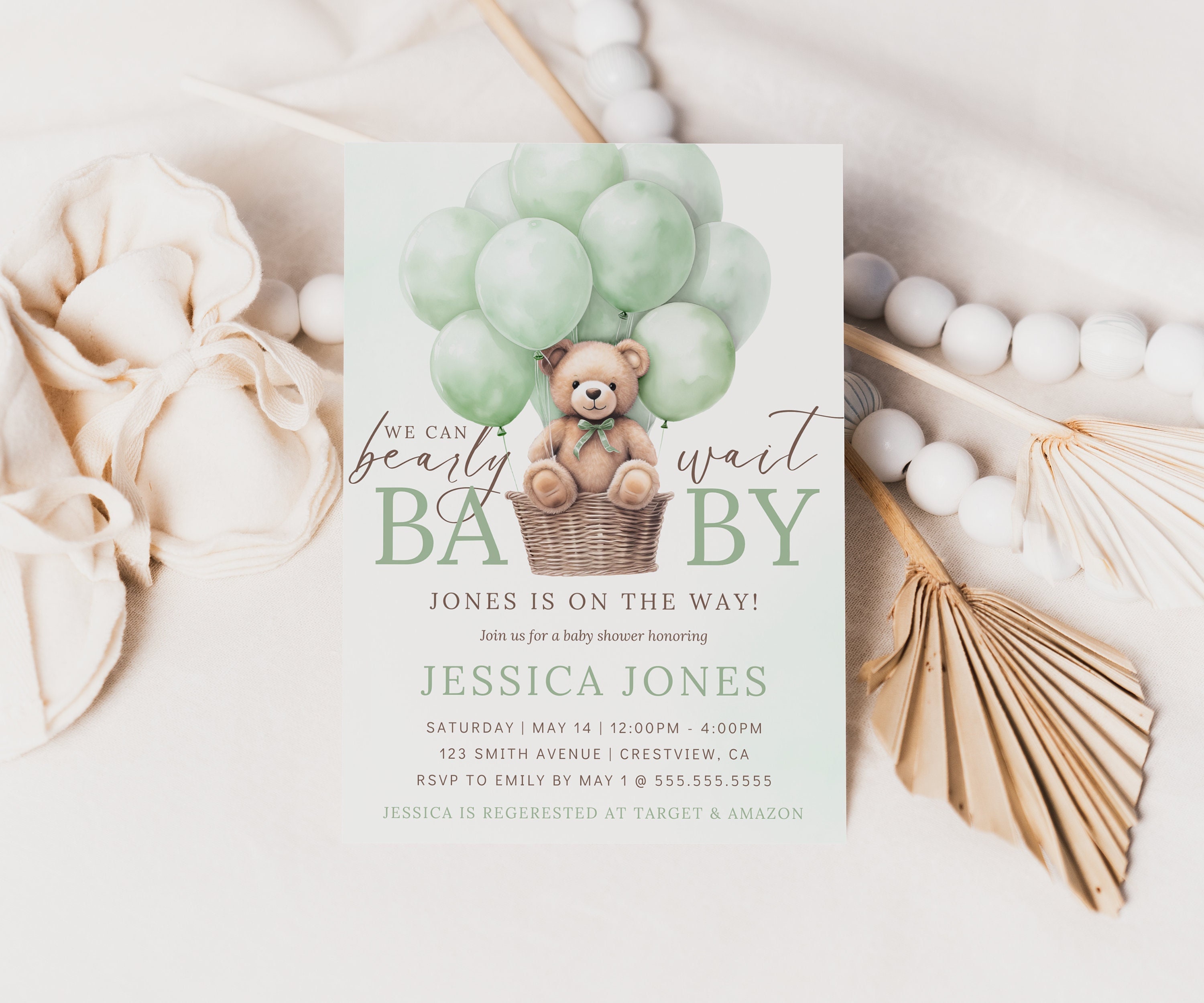 We Can Bearly Wait Baby Shower Invitation Sage Green, We Can Bearly Wait Sage Green, We Can Bearly Wait Invitation Sage