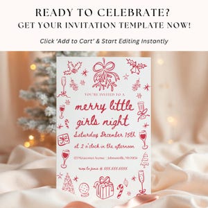 Editable holiday invitation with stylish illustrations, helping women plan a chic and memorable party night.