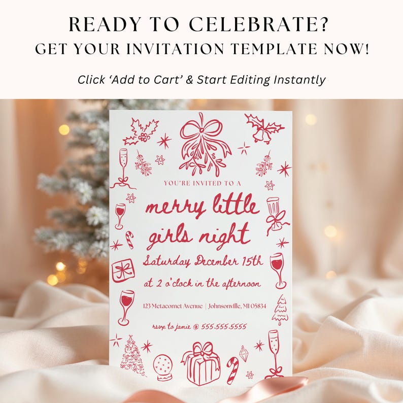 Editable holiday invitation with stylish illustrations, helping women plan a chic and memorable party night.