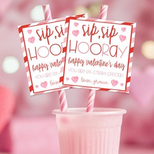 Editable Crazy Straw Tags, Valentine Tags, You're Ex-Straw Special, Sip Sip Hooray, Valentine Cards for Kids School, Personalized Tag