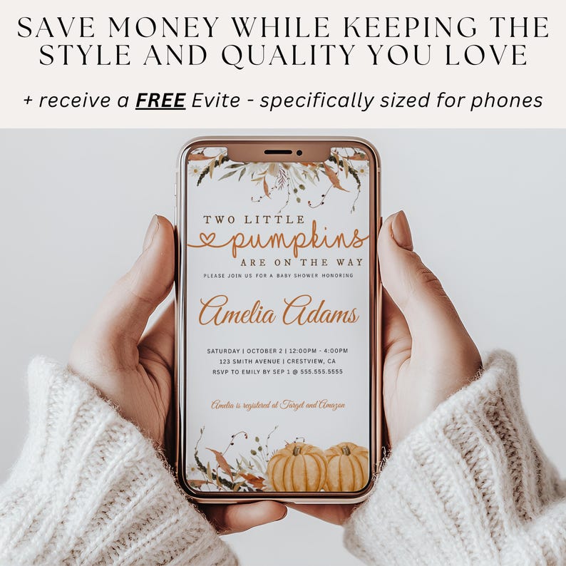 Printable twin baby invite with two pumpkins, great for fall baby showers or virtual celebrations.