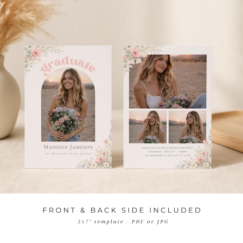 Editable blush floral senior graduation party invite digital download