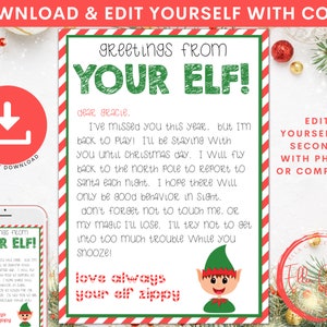 Carta de elfo digital imprimible editable, carta de regreso del elfo, regreso del elfo, saludos del elfo, nota a Santa