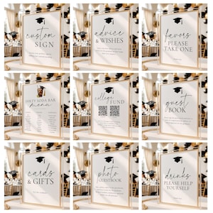 Può includere: Una collezione di cartelli per feste di laurea con cornici dorate e sfondi bianchi. I cartelli includono frasi come "Custom Sign", "Advice & Wishes", "Favors", "Dirty Soda Bar Menu", "College Fund", "Guest Book", "Cards & Gifts", "Photo Guestbook" e "Drinks".