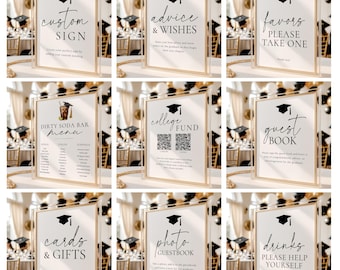 May include: A collection of graduation party signs with gold frames and white backgrounds. The signs include phrases like "Custom Sign," "Advice & Wishes," "Favors," "Dirty Soda Bar Menu," "College Fund," "Guest Book," "Cards & Gifts," "Photo Guestbook," and "Drinks."