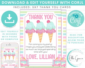 Editable Ice Cream Thank You Cards, Ice Cream Thank You Notes, Edit Yourself, Ice Cream Birthday, Ice Cream Party, Instant Download, PDF