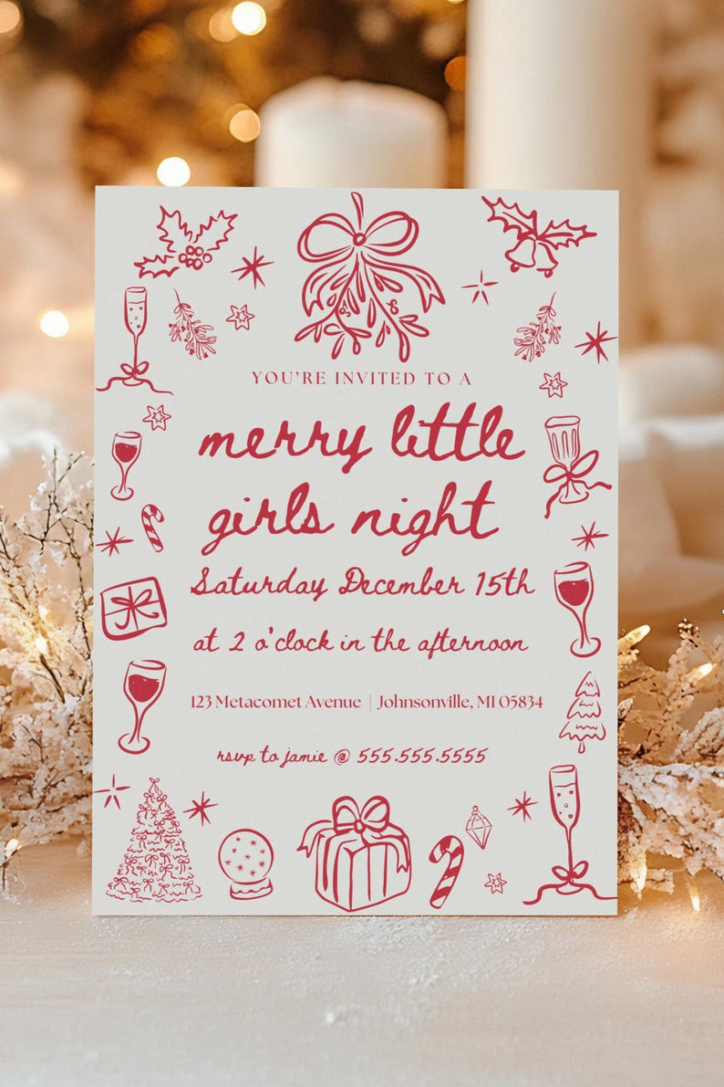Christmas girls night digital download card, perfect for quick invites, casual events, and fun holiday get-togethers.