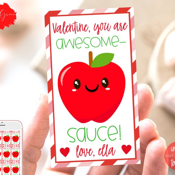 Editable Applesauce Pouch Valentine's Day Tag, Printable Valentine Favor Tag for Apple Sauce Pouch, Toddler Valentine, School Valentine
