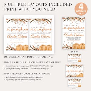Rustic twin baby invitation with pumpkin design, suited for fall baby showers and easy email delivery.