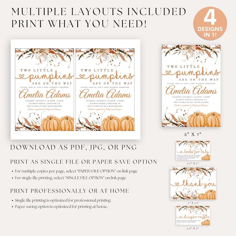 Rustic twin baby invitation with pumpkin design, suited for fall baby showers and easy email delivery.