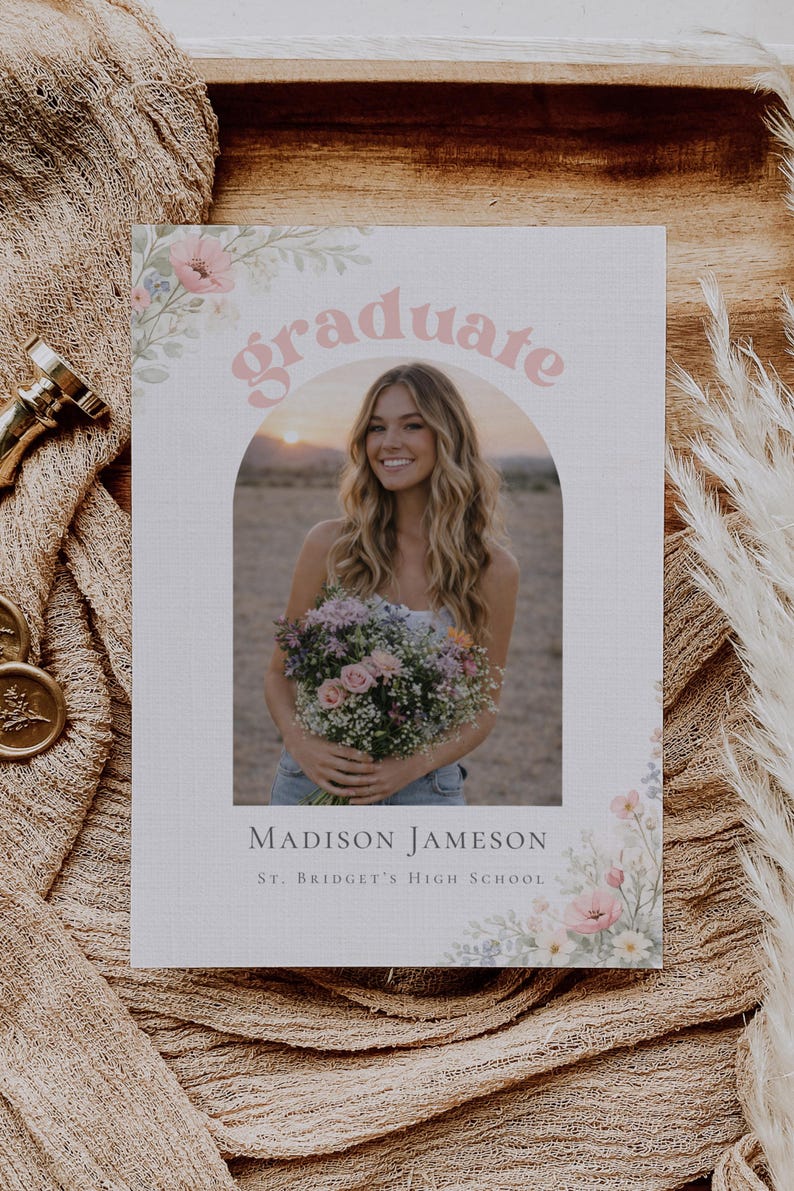 Modern feminine wildflower graduation party invite printable