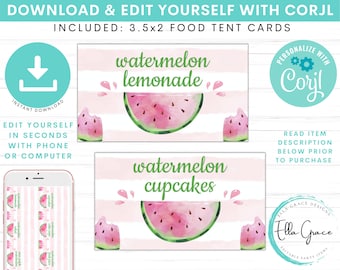 Editable Watermelon Tent Cards Food Labels, Place Cards, Watermelon Birthday, One In A Melon Party, Girl Birthday, Watermelon Party Decor