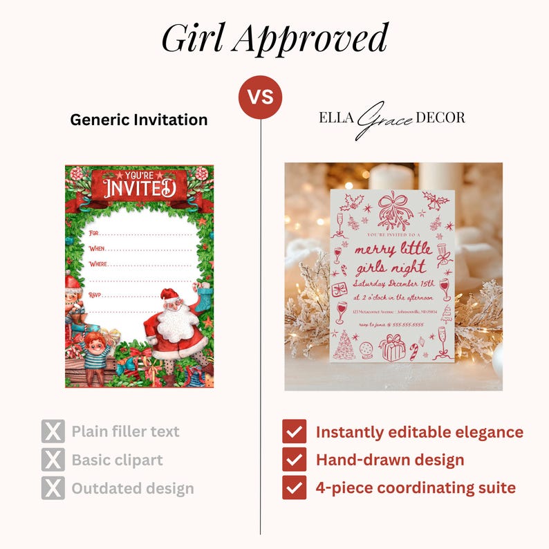 Editable digital girls night Christmas card, ideal for hosting a fun wine night during the winter season.