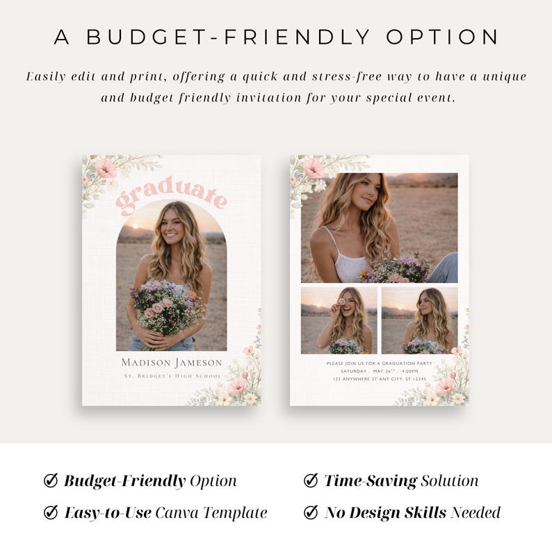 Blush wildflower grad party invitation editable template for girls