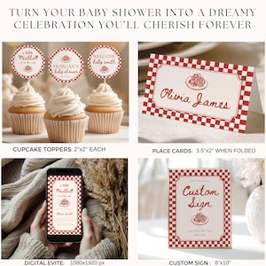 May include: A set of baby shower party supplies featuring a red and white checkered pattern. Includes circular cupcake toppers, folded place cards measuring 3.5 by 2 inches, a digital evite shown on a smartphone, and an 8 by 10 inch custom sign.