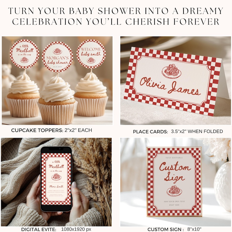 May include: A set of baby shower party supplies featuring a red and white checkered pattern. Includes circular cupcake toppers, folded place cards measuring 3.5 by 2 inches, a digital evite shown on a smartphone, and an 8 by 10 inch custom sign.