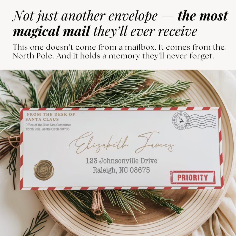 Personalized Santa envelope with elegant script and festive details, great for December traditions and surprise letters