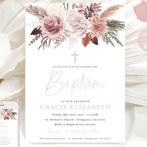 Convite editável para batismo de grama de pampas, convite para batismo Boho, batismo Boho, batismo, convite para primeira comunhão, download instantâneo