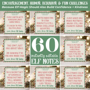Puede incluir: Nueve tarjetas con mensajes festivos, incluyendo "Encouragement, Humor, Behavior & Fun Challenges." Las tarjetas presentan frases como "Está bien sentir grandes sentimientos" y "Usaste palabras amables hoy." La tarjeta central dice "60 notas de elfo editables al instante."