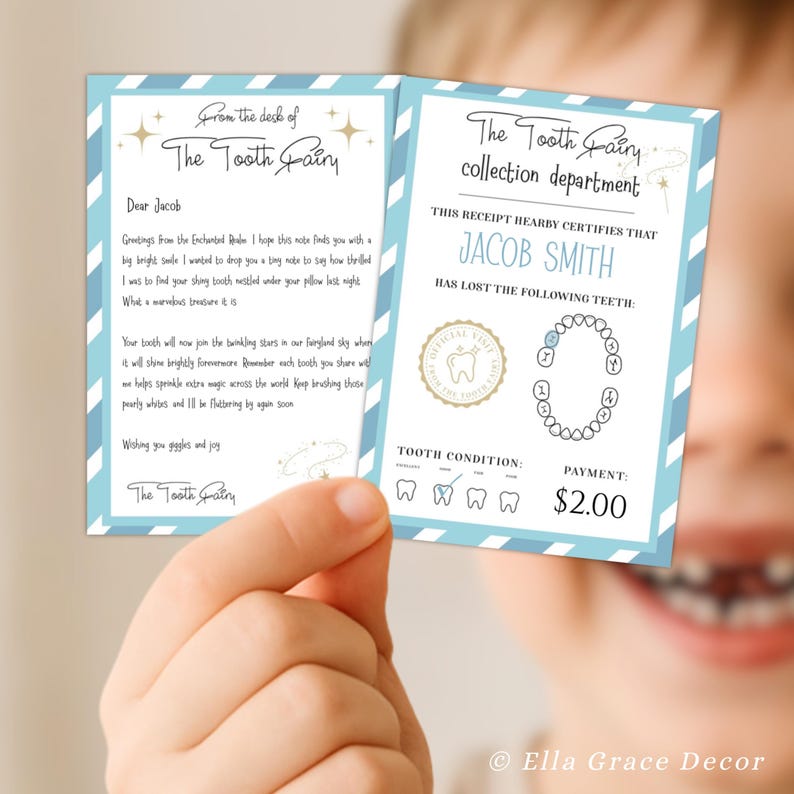 Editable Tooth Fairy letter and receipt set with envelope, perfect for celebrating kids' lost tooth moments at home under their pillow.