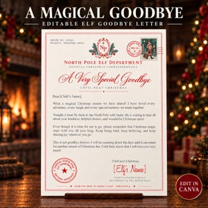 Könnte beinhalten: Ein weißer Brief mit dem Titel A MAGICAL GOODBYE EDITABLE ELF GOODBYE LETTER mit rotem Text und Rändern. Er enthält ein Logo des North Pole Elf Department, eine Briefmarke mit einer Elfenillustration und eine formelle Nachricht eines Elfen.