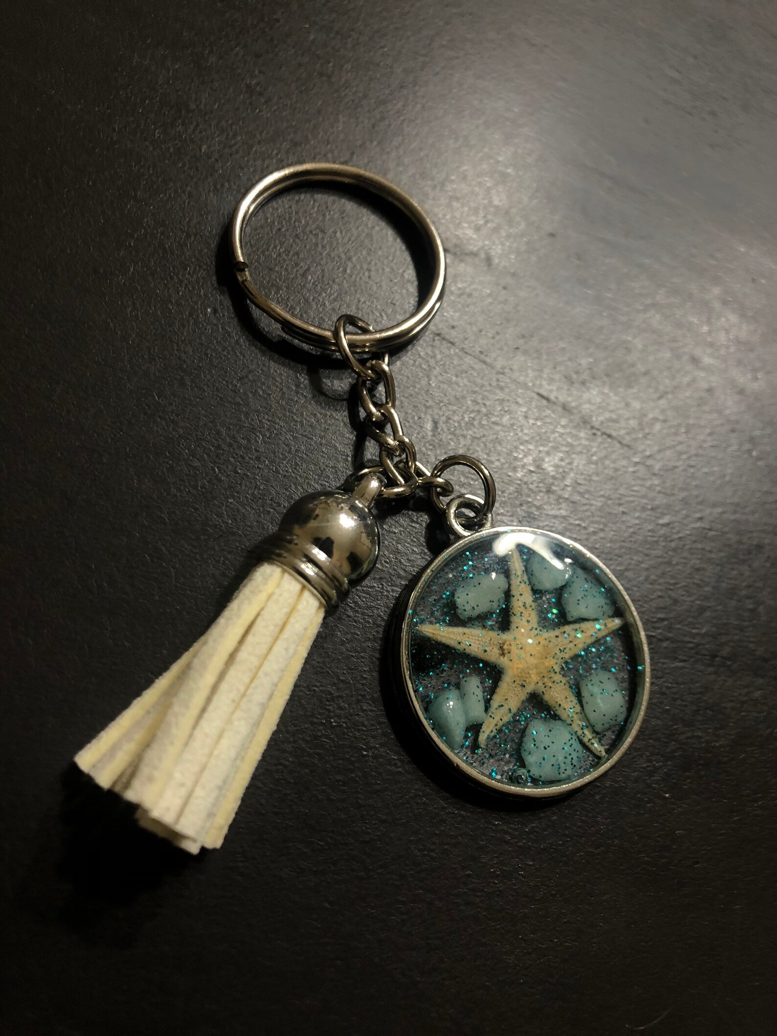 Starfish keychain with blue glitter and white tassel Etsy