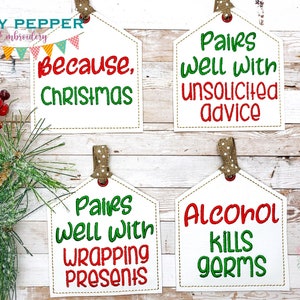 Snarky Christmas wine tag set of 4 in the hoop embroidery design DIGITAL DOWNLOAD machine embroidery