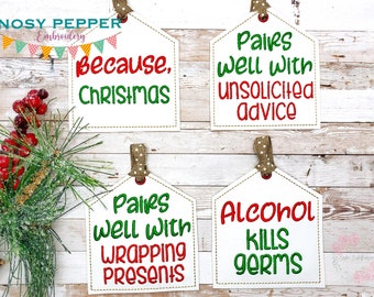 Snarky Weihnachtsweinanhänger Stickdatei, 4er Set (Digitaler Download)
