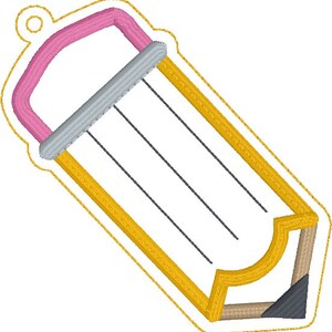 May include: Embroidered pencil design with a pink eraser, silver ferrule, and yellow body. The pencil has three black lines and a brown and black tip. The design is outlined in gold.