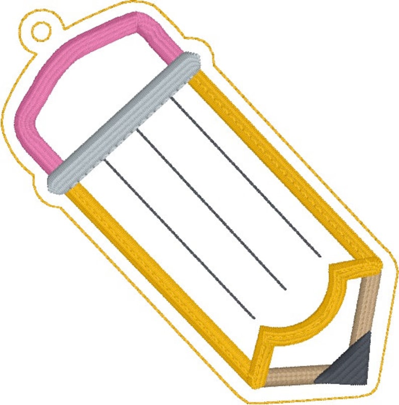 May include: Embroidered pencil design with a pink eraser, silver ferrule, and yellow body. The pencil has three black lines and a brown and black tip. The design is outlined in gold.